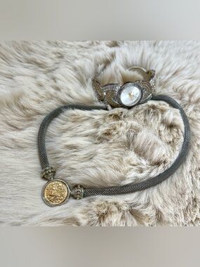 Two-Tone Coin Necklace and Bangle Watch Set w Gold and Gray Leather Belt